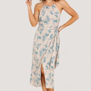 Nicole Faux Wrap Midi Dress | Natural + Blue
