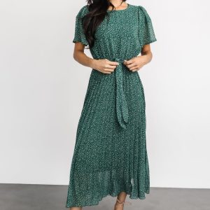 Prim Pleated Dress | Green Print