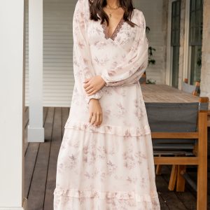 Rumi Deep V Maxi Dress | Beige + Clove Floral