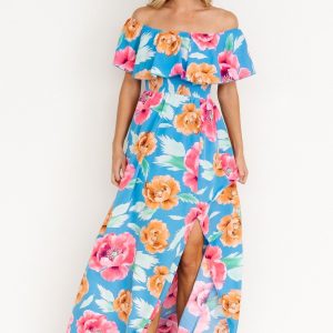 Talia Off Shoulder Maxi Dress | Sea Blue Floral