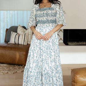 Tulsa Smocked Dress | Off White + Blue