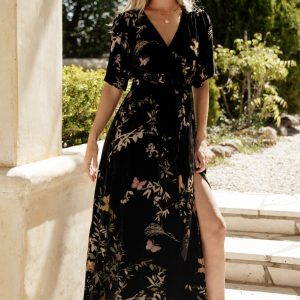 Uma Velvet Maxi Dress | Black Butterfly Print
