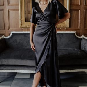 Vara Satin Maxi Wrap Dress | Black