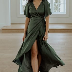 Vara Satin Maxi Wrap Dress | Juniper Green