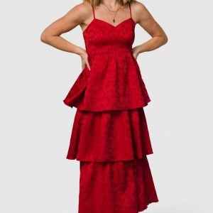 Violetta Embossed Tiered Dress | Deep Red